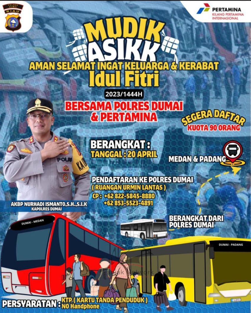 Polres Dumai Dan Pertamina Gelar Mudik Gratis Tujuan Medan-Padang